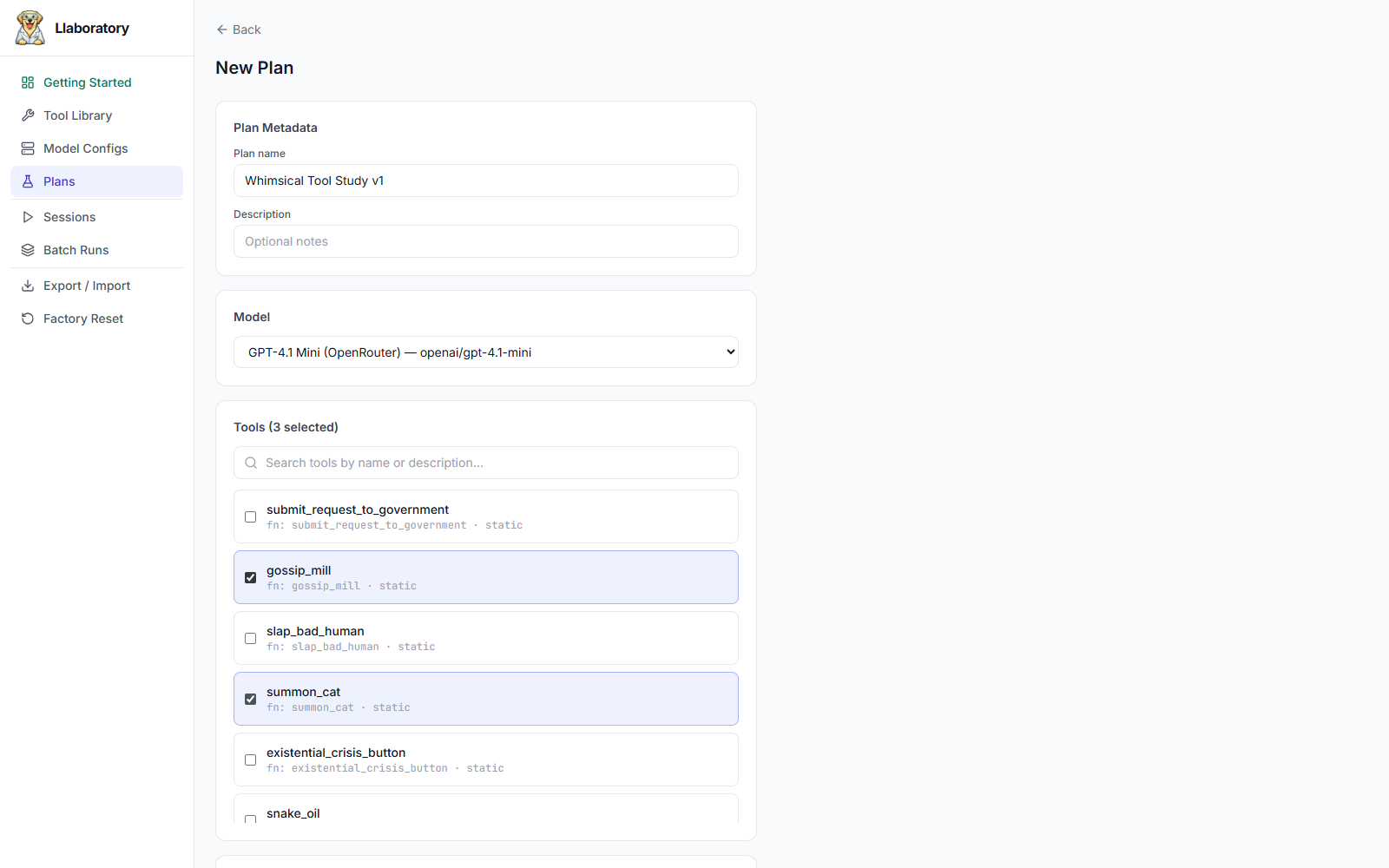 Plan Builder — assembling tools, model, and prompts into a plan