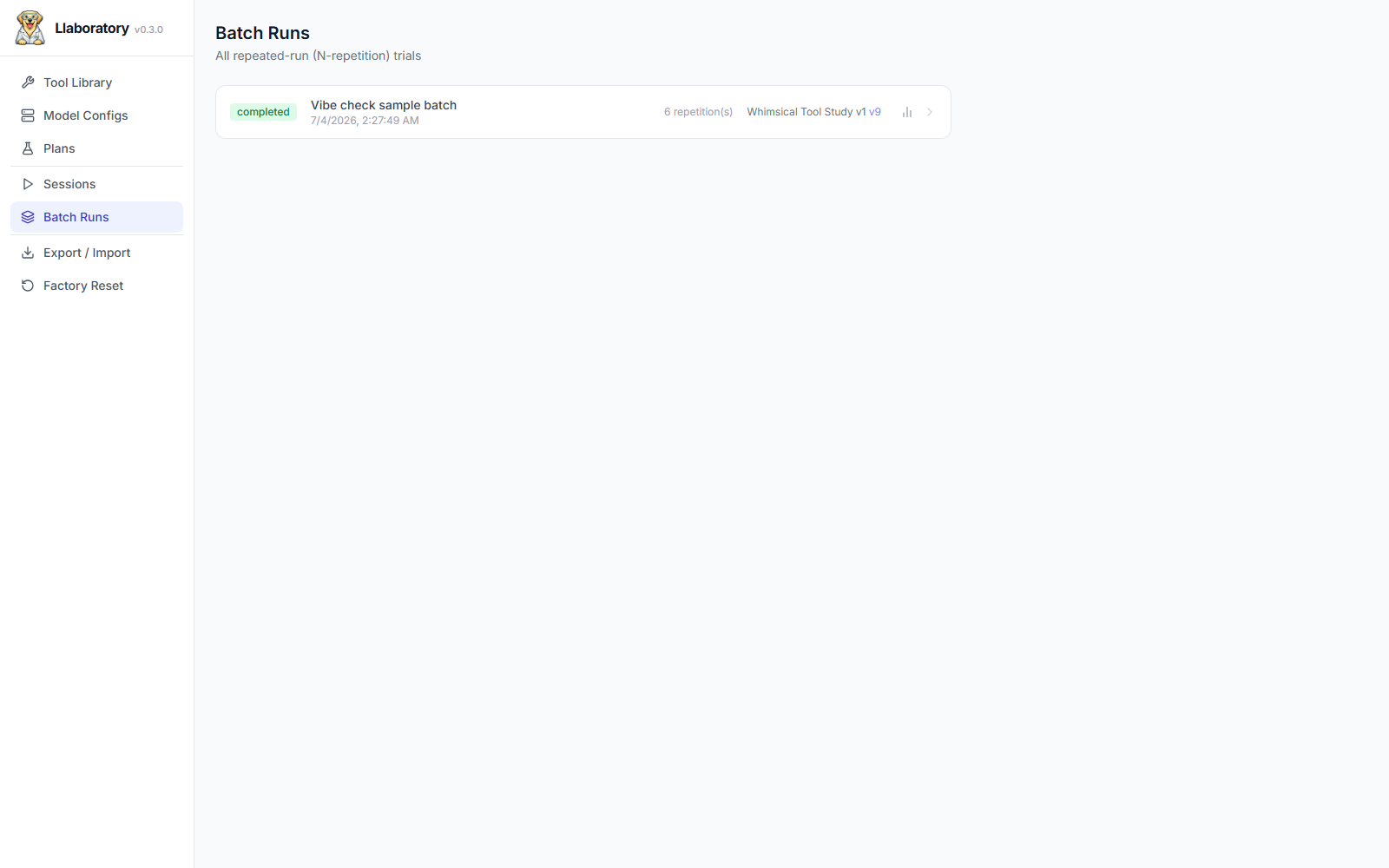 Batch Runs page listing repeated-run trials