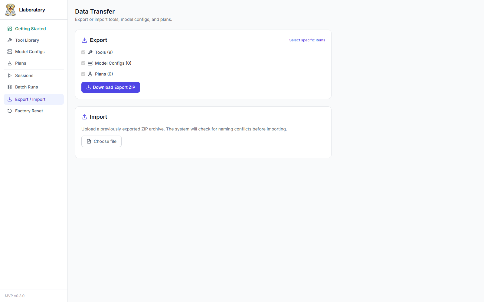 Export / Import page