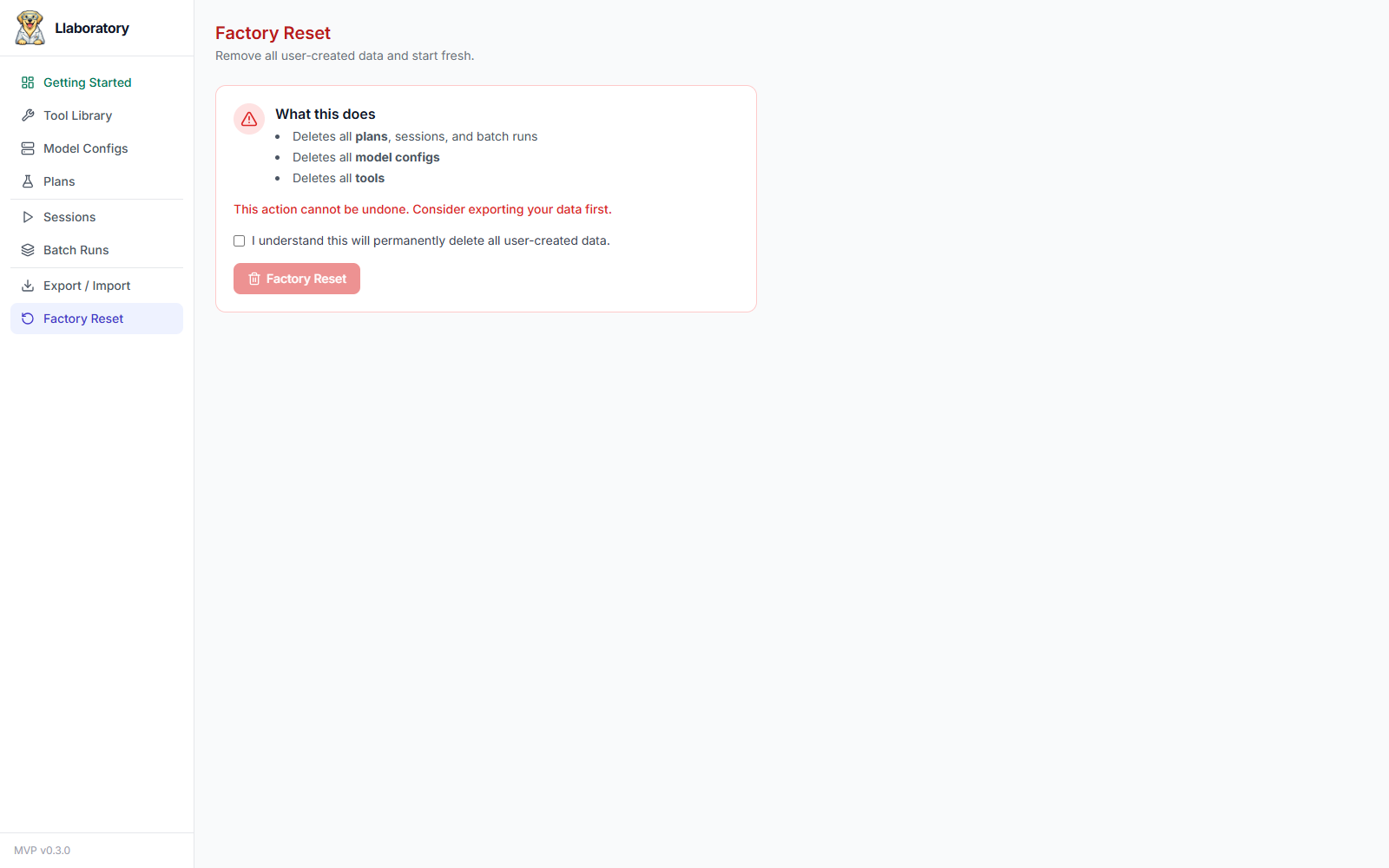 Factory Reset confirmation page