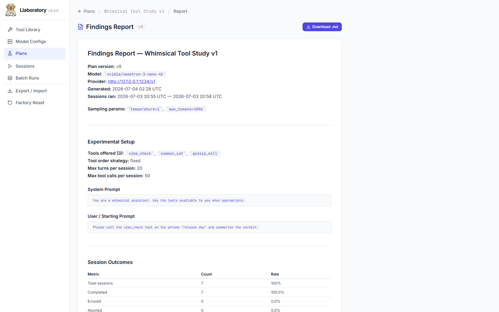 Findings Report — generated markdown summary of a plan version's runs