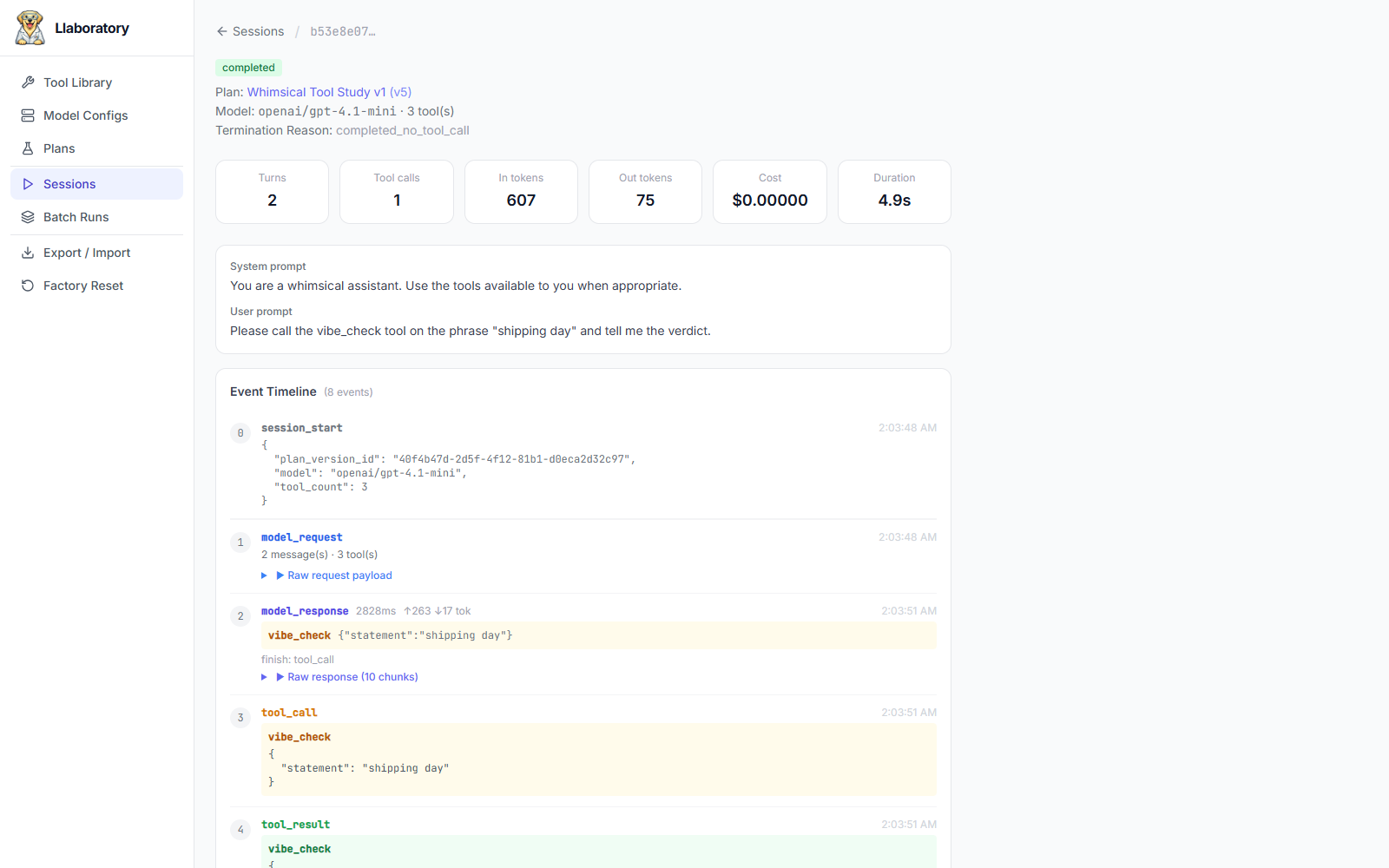 Live session view showing a tool call and its result